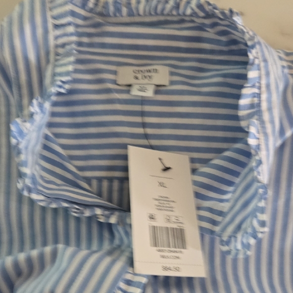 Crown & Ivy Blue White Striped Poplin Shirt Mandarin Collar Coastal Nautical XL - Picture 5 of 9